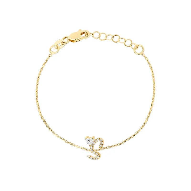 Long Gold Necklace-Diamond Initial with Floating Heart Diamond Bracelet