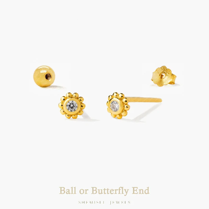 Gemstone Earrings for Brides-Super Tiny Beaded Bezel CZ Stud Earrings, Unisex, Gold, Silver SHEMISLI SS975 Butterfly End, SS976 Screw Ball End (Type A)