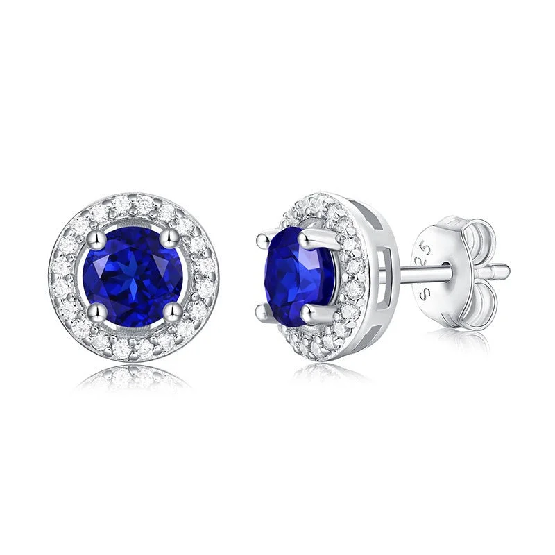 Luxury Bridal Earrings-Round Sapphire Halo Diamond Earrings | S925