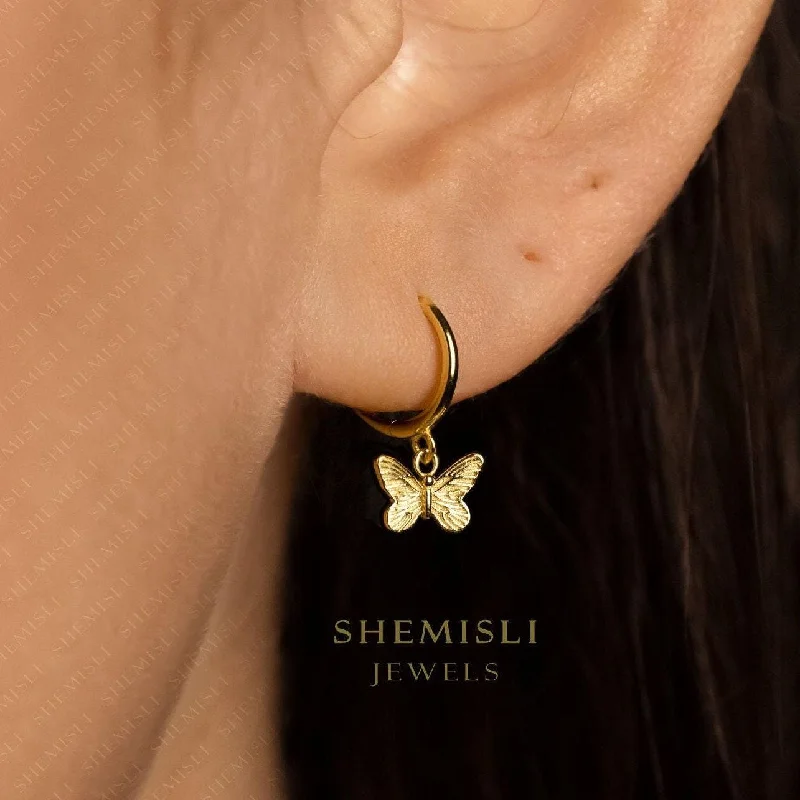 Small Hoop Earrings for Women-Engraved Small Butterfly Dangle Hoop Earrings, Dainty Drop Huggies, Gold, Silver SHEMISLI SH494