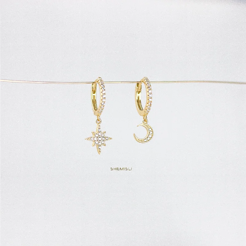 Trendy Dangle Earrings-Mismatched Star Moon Hoop Earrings, Pave CZ Drop Huggies, Gold, Silver SHEMISLI - SH115