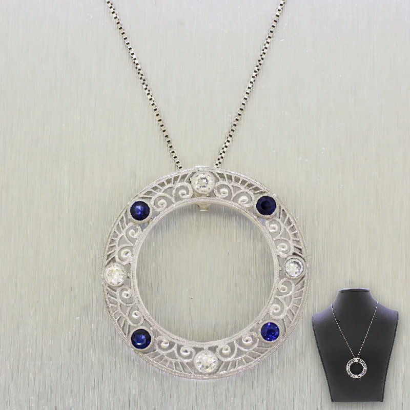 Modern Wedding Necklace-Art Deco Diamond & Sapphire Circle Pendant - Platinum & 14k Gold - Necklace 22"