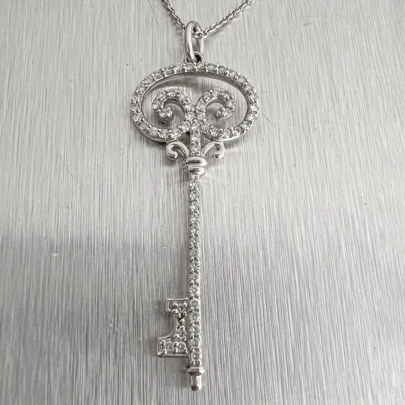 Unique Crystal Necklace-14k White Gold Diamond Swirl Motif Key Pendant Necklace 0.48ctw G SI1 16"