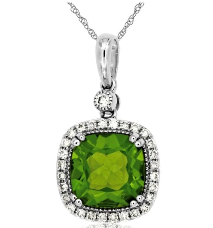 Long Silver Necklace-14k white gold cushion peridot diamond halo necklace