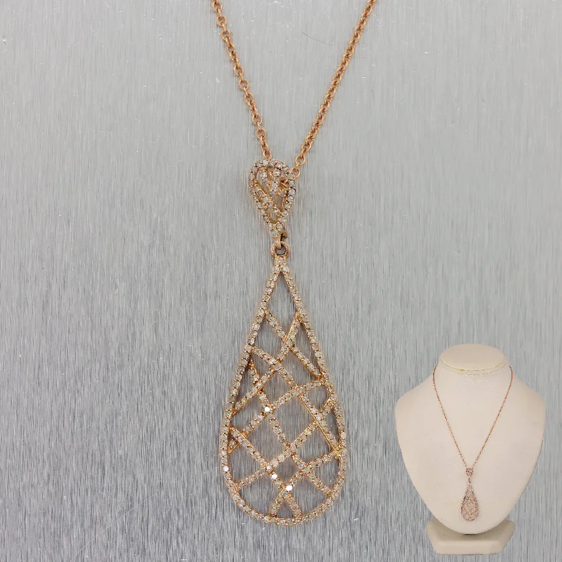 Diamond and Gold Necklace-Modern 14k Rose Gold 1ctw Diamond Pendant 16" Adjustable Necklace