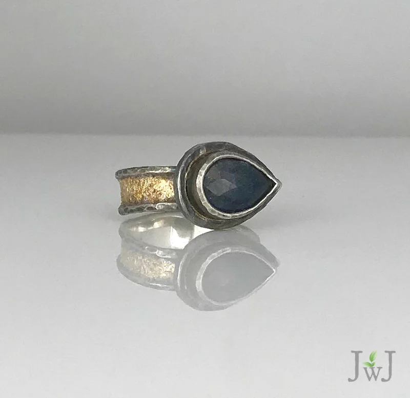 Classic Wedding Ring Set-Pear shaped Blue Sapphire Gold dusted Ring