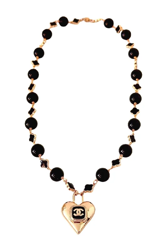 Vintage Pearl Necklace-CC Black & Gold Lock Heart Necklace