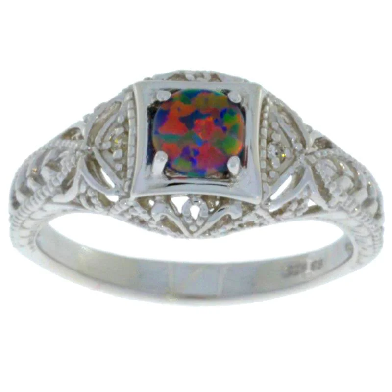 Men's Ring with Diamonds-Black Opal & Diamond Round Ring .925 Sterling Silver