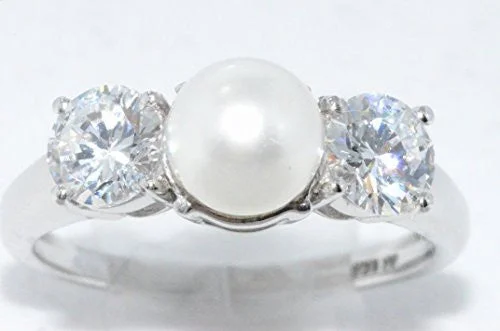 Birthstone Ring for Women-7mm White Freshwater Pearl & Zirconia Ring .925 Sterling Silver Rhodium Finish