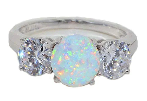 Silver Ring with Diamonds-8mm Opal & Zirconia Round Ring .925 Sterling Silver Rhodium Finish