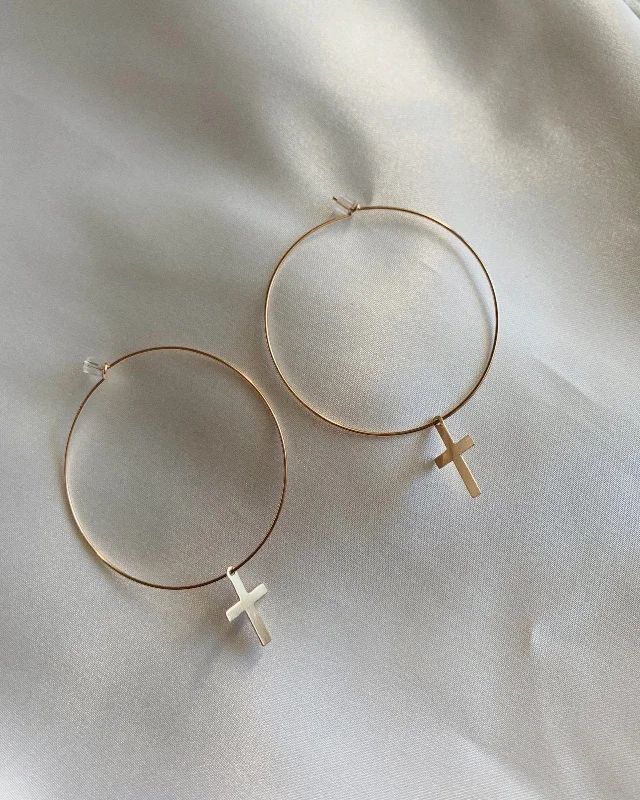 Trendy Drop Earrings-Large Cross Hoop Earrings  - 14k Yellow Gold Fill