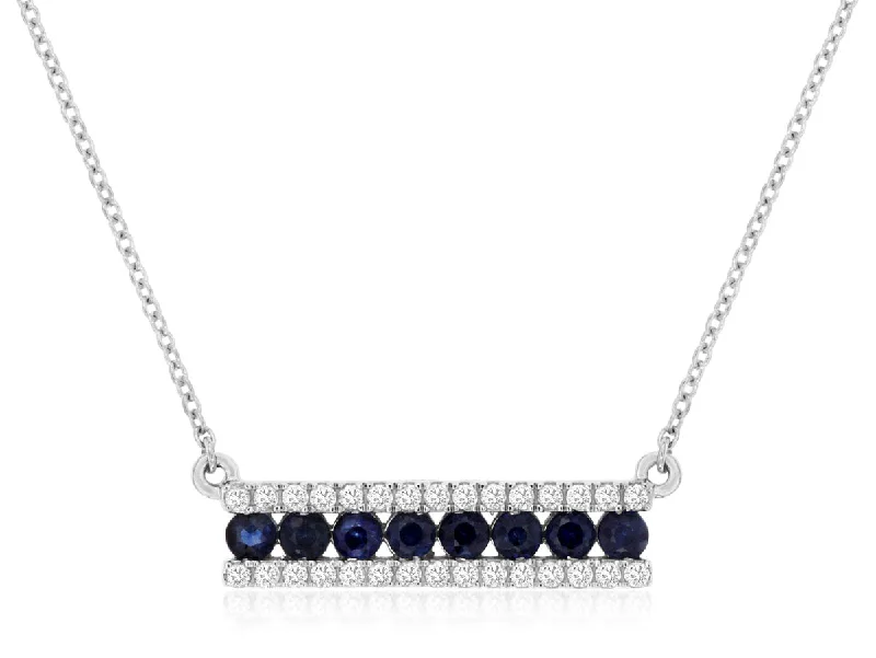 Wedding Necklace with Crystals-Blue Sapphire & Diamond Bar Pendant