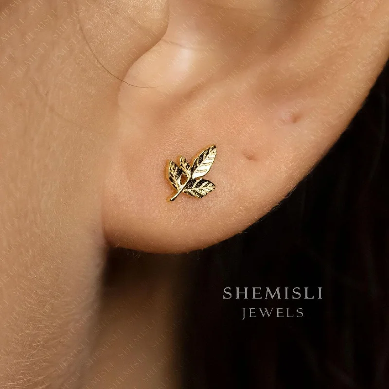 Trendy Drop Earrings-Tiny Leaf Stud Earrings, Gold, Silver SHEMISLI SS187 LR