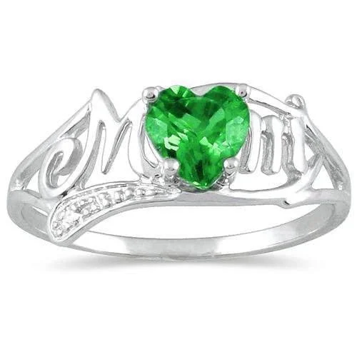 Platinum Wedding Ring-.50 Ct Created Emerald Heart & Diamond Mom Ring .925 Sterling Silver Rhodium Finish