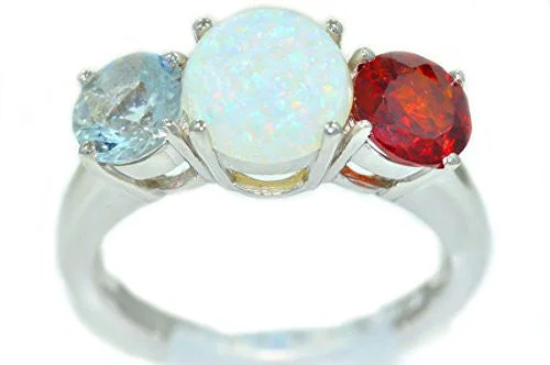 Custom Engagement Ring for Bride-3 Ct Genuine Opal Aquamarine & Garnet Round Ring .925 Sterling Silver Rhodium Finish