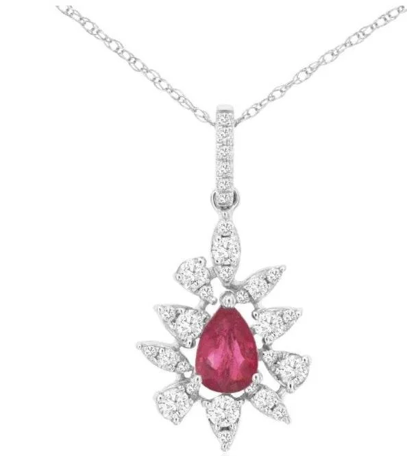 Luxury Pearl Necklace-14k white gold pear shaped ruby and diamond bezel necklace