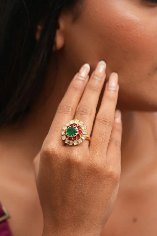 Custom Silver Engagement Ring-Moissanite Indian Ring with Rubies & Emeralds