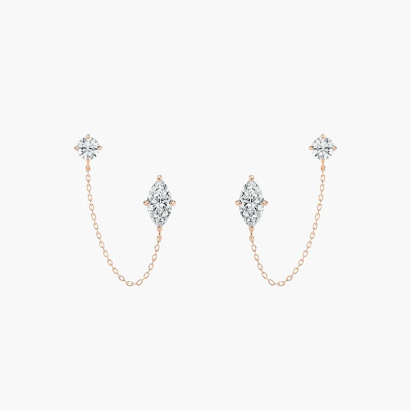 Luxurious Pearl Earrings-Round and Marquise Lab-Grown Diamond Chain Earrings