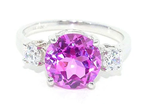 Sparkling Gold Engagement Ring-4 Ct Pink Sapphire & White Topaz Round Ring .925 Sterling Silver Rhodium Finish