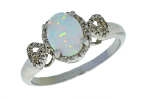 Elegant Diamond Ring-8x6mm Opal & Diamond Oval Heart Ring .925 Sterling Silver Rhodium Finish