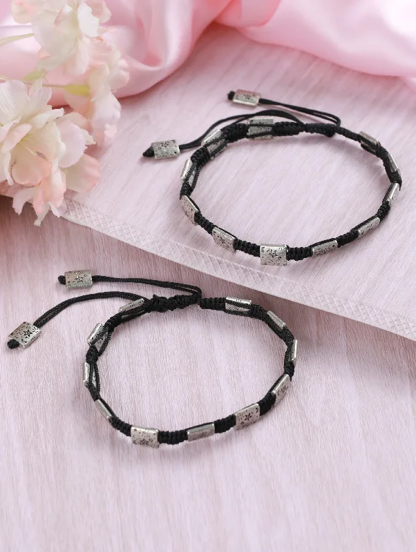 Men’s Beaded Bracelet-Set Of 2 Rectangular Black Thread Boho Style Anklets/Bracelet