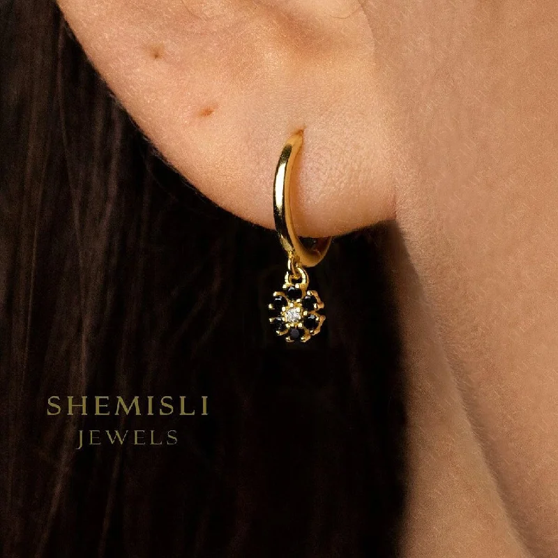 Handmade Earrings for Weddings-Tiny Black Flower CZ Drop Hoop Earrings, Flower Dangle Huggies, Gold, Silver SHEMISLI SH534