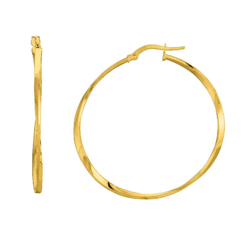 Elegant Long Earrings-14K Yellow Gold Shiny Squaretube Twisted Hoop Earrings, Diameter 40mm