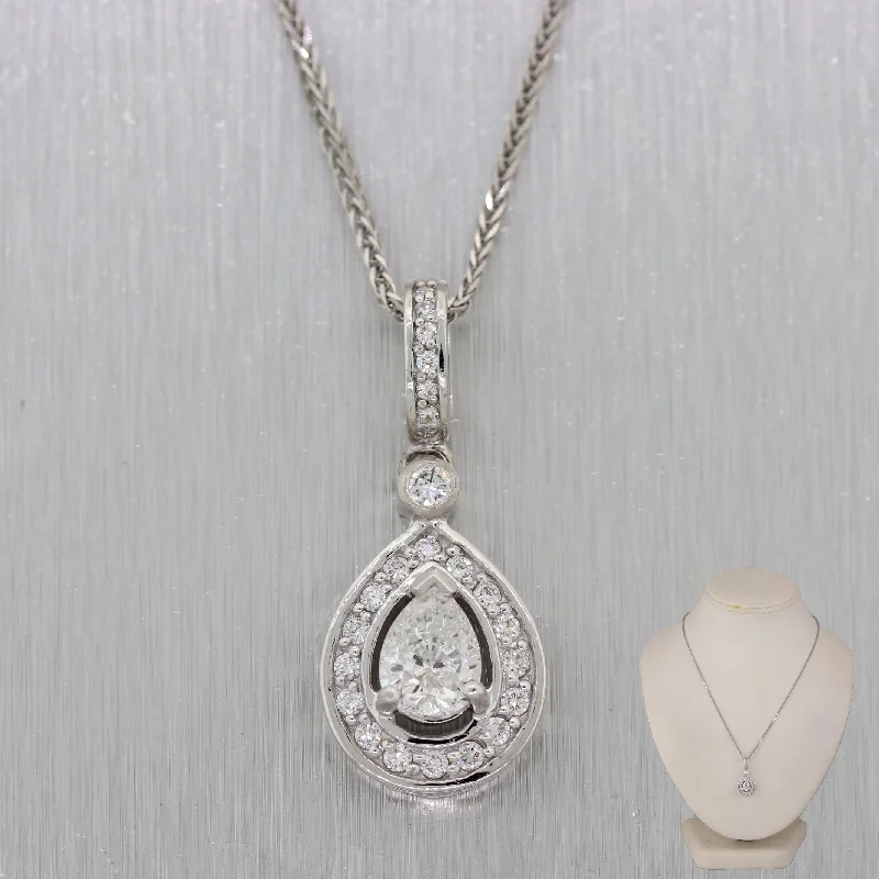 Elegant Wedding Necklace-Modern 14k White Gold .82ct Pear Shaped Diamond 1.40ctw Halo 16" Necklace