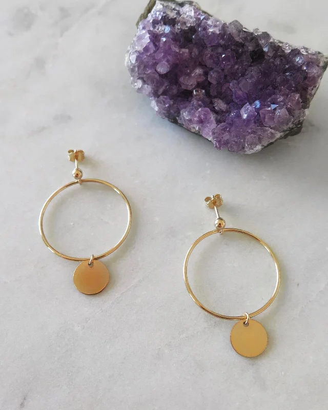 Sparkling Drop Earrings-Large Circle Coin Earrings  - 14k Yellow Gold Fill