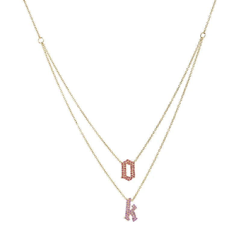 Fashionable Layered Necklace-Layered Two-Tone Birthstone Pave Gothic Initials Necklace