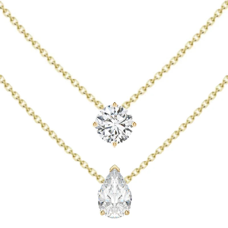 Large Pendant Necklace-Double Row Multishape Solitaires (+ Pear) Diamond Layered Necklace