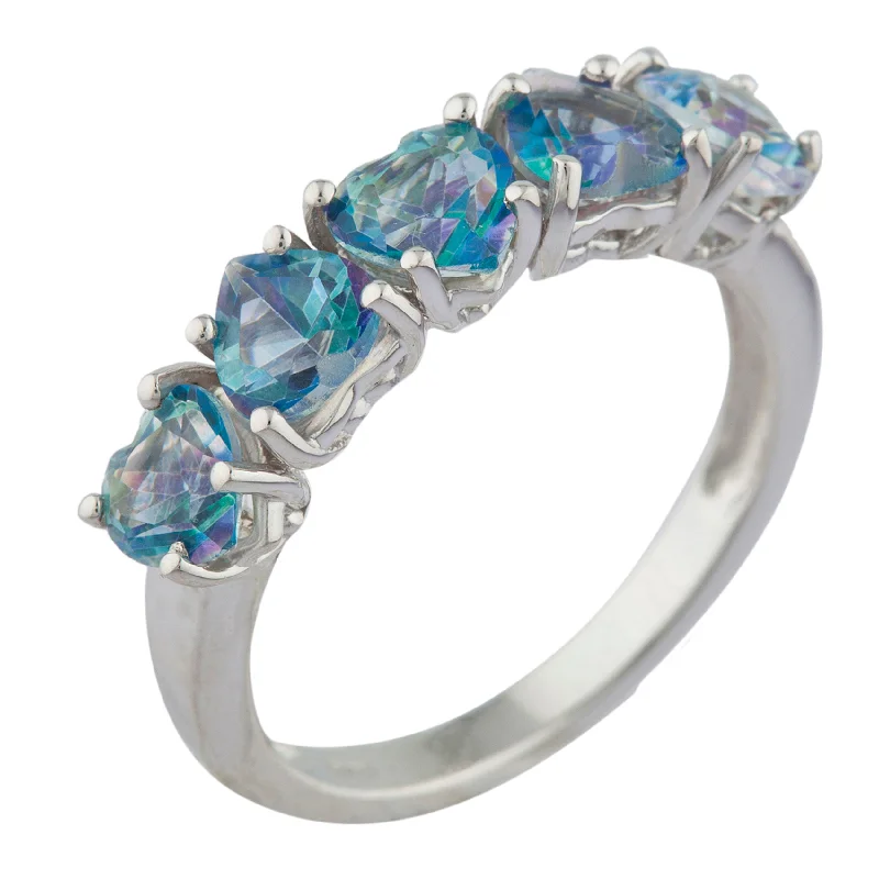 Modern Silver Wedding Band-5 Hearts Genuine Blue Mystic Topaz Heart Ring .925 Sterling Silver Rhodium Finish