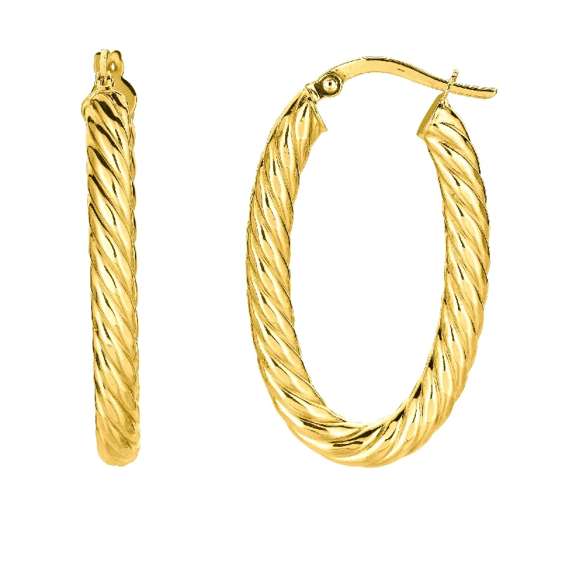 Small Dangle Earrings-14K Yellow Gold Shiny Oval Shape Twists Hoop Earrings, Length 35mm