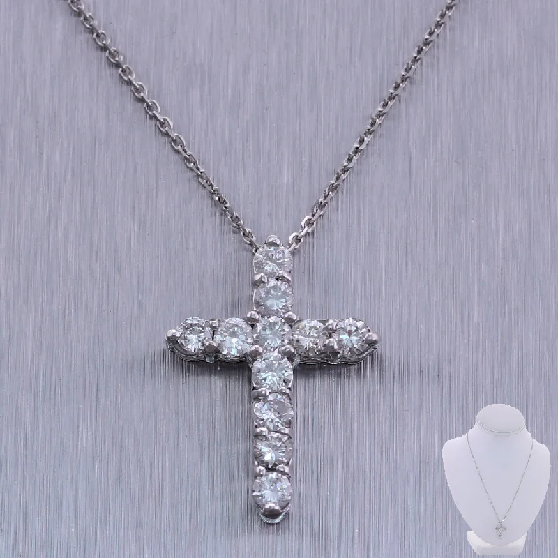 Heart Shaped Necklace-Modern 14k White Gold 1.10ctw Diamond Cross 20" Necklace