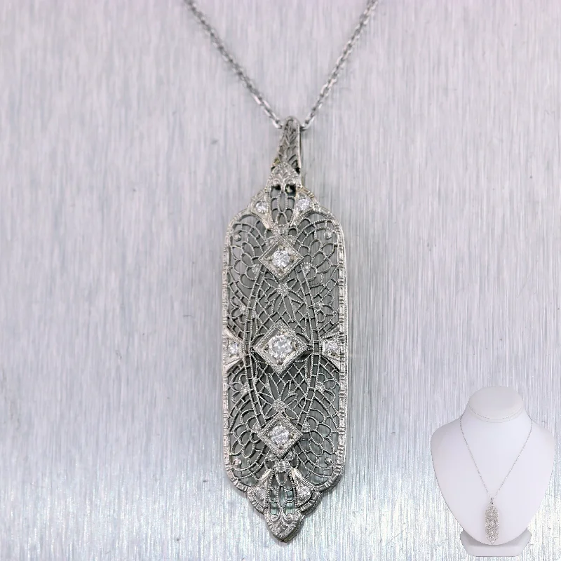 Rose Gold Necklace for Women-1920's Antique Art Deco 14k White Gold 0.52ctw Diamond Filigree 22" Necklace