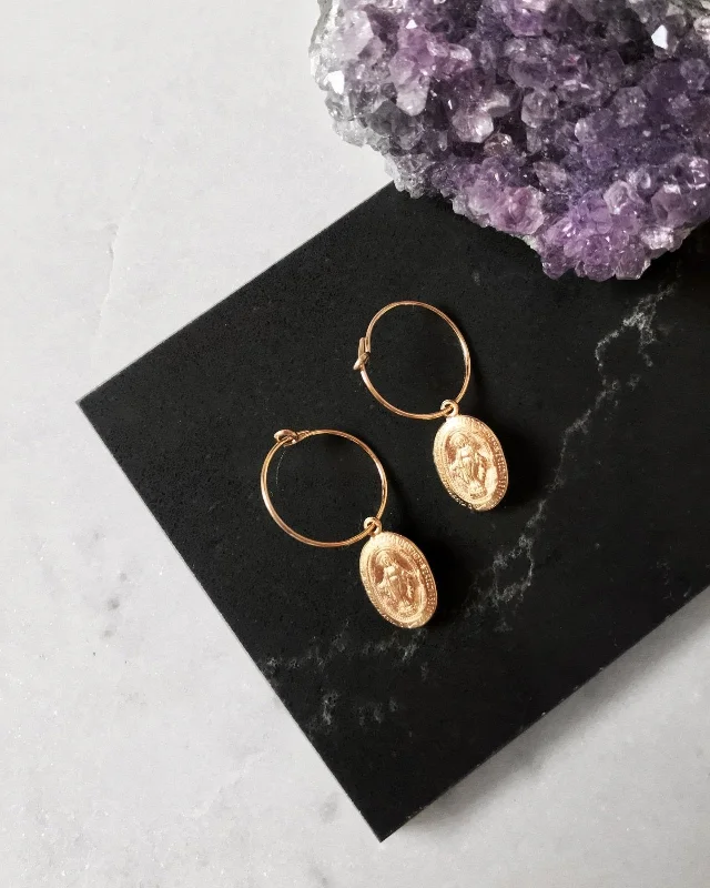 Unique Wedding Earrings-Miraculous Medal Hoop Earrings - 14k Yellow Gold Fill