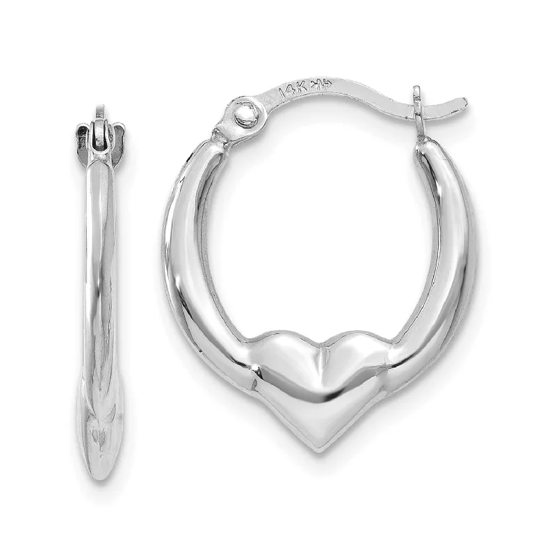 Modern Bridal Earrings-14k White Gold Heart Hoop Earrings, 17x14mm, Classic Design