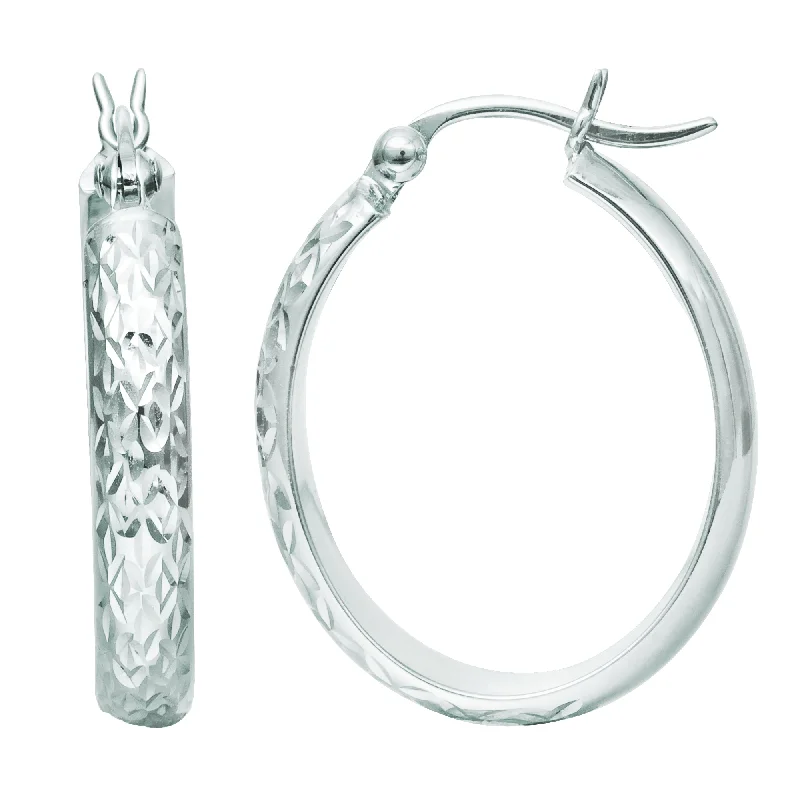 Wedding Earrings with Diamonds-14K White Gold Hammered Polished  Oval Hoop Earrings