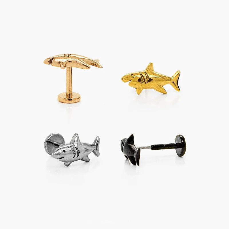 Gold Earrings with Crystals-Dainty Shark Threadless Flat Back Earrings, 20,18,16ga, 5-10mm Unisex, Surgical Steel SHEMISLI SS579