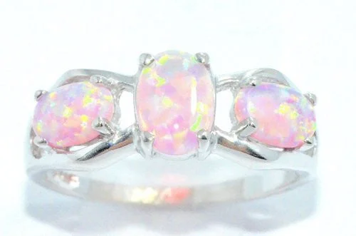 Custom Gold Ring-3 Pink Opal Oval Ring .925 Sterling Silver Rhodium Finish