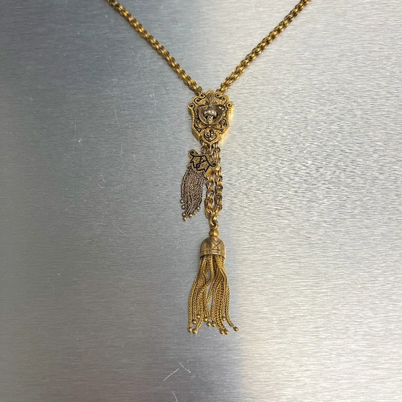 Beautiful Sapphire Necklace-Antique Victorian 14k Yellow Gold Seed Pearl Dangling Tassel Slider Necklace 37"