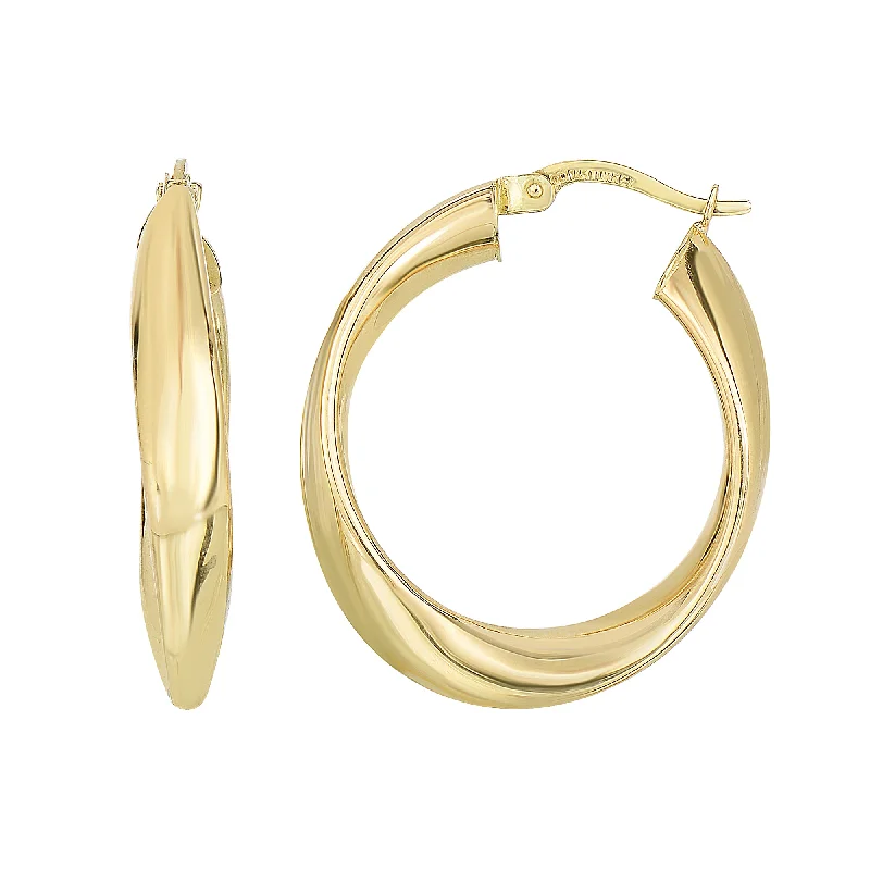 Luxurious Pearl Earrings-14K Yellow Gold Shiny Twisted Oval Hoop Earrings, Diameter 21mm