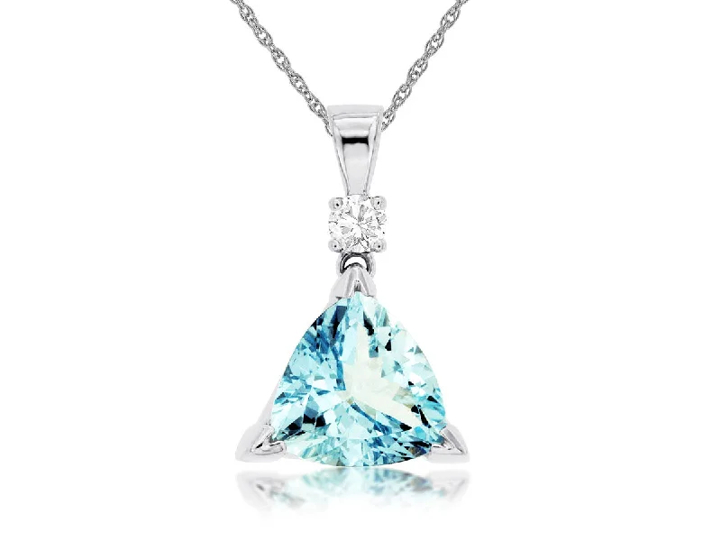 Long Gold Necklace-Trillion Shaped Aquamarine & Diamond Pendant