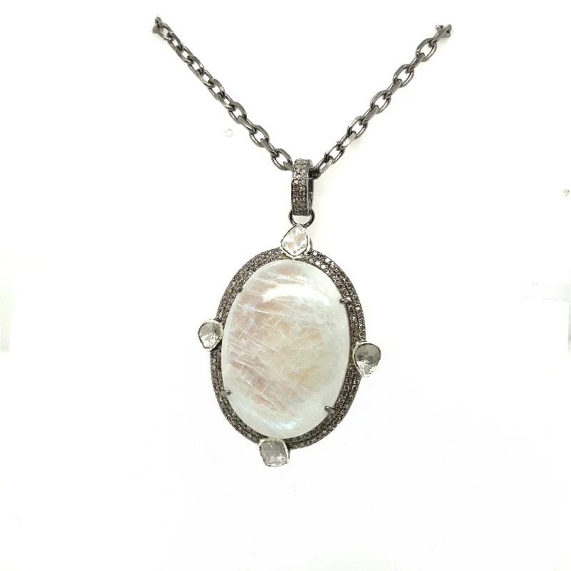 Modern Wedding Necklace-Oval Moonstone & Polki Diamond Pendant