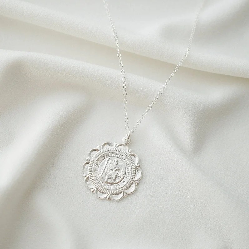 Luxury Pearl Necklace-St. Christopher Traveler's Coin Medallion Necklace