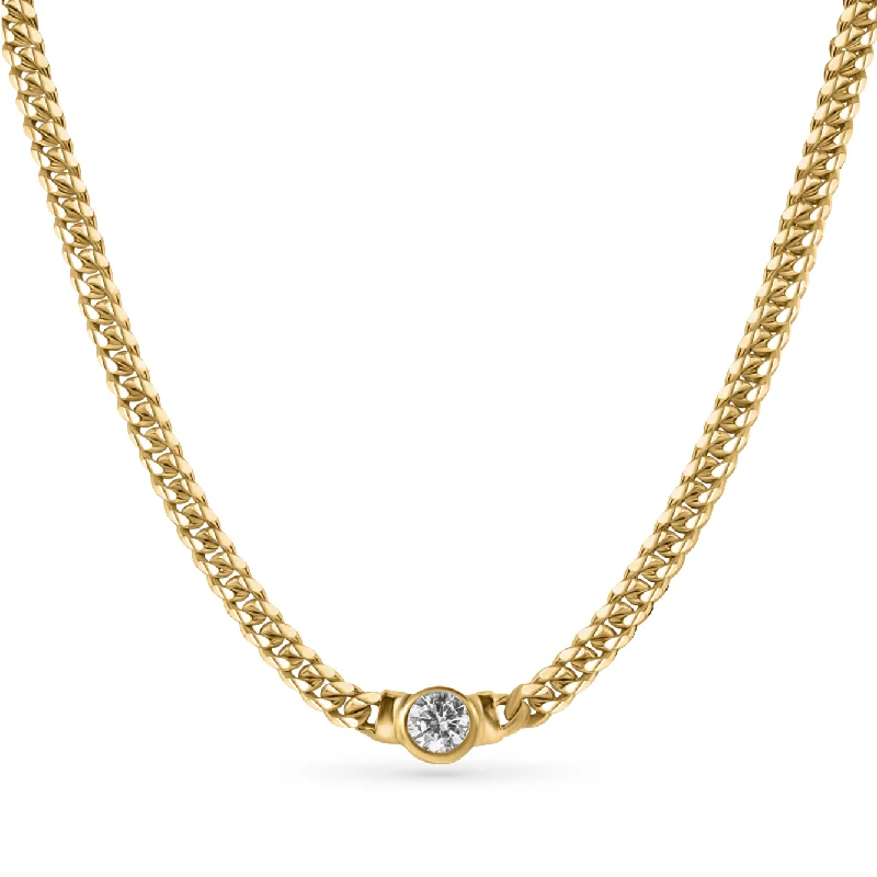 Sparkling Pendant Necklace-Round Bezel Diamond on Cuban Chain