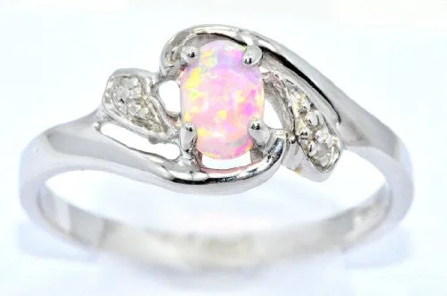 Personalized Diamond Engagement Ring-6x4mm Pink Opal & Diamond Oval Ring .925 Sterling Silver Rhodium Finish