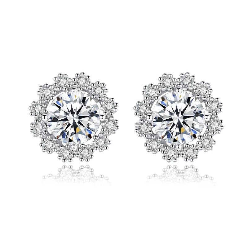 Modern Silver Drop Earrings-1 Carat Snowflake Halo Stud Earrings | S925 | Moissanite