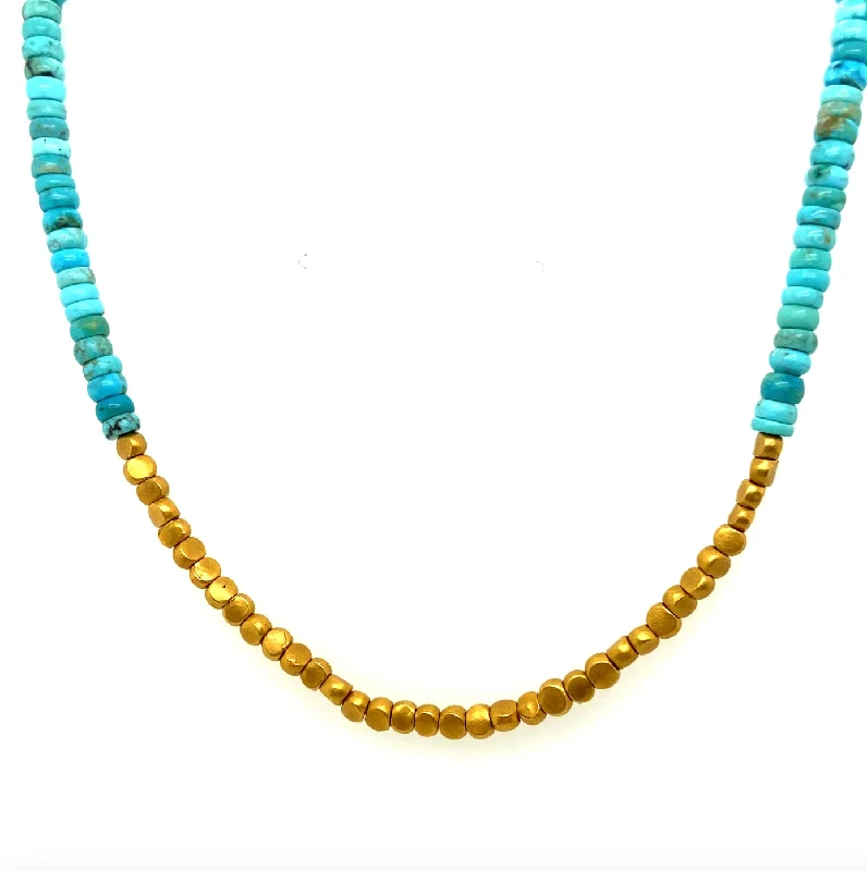 Simple Silver Necklace for Brides-Kingman Turquoise & Yellow Gold Bead Necklace