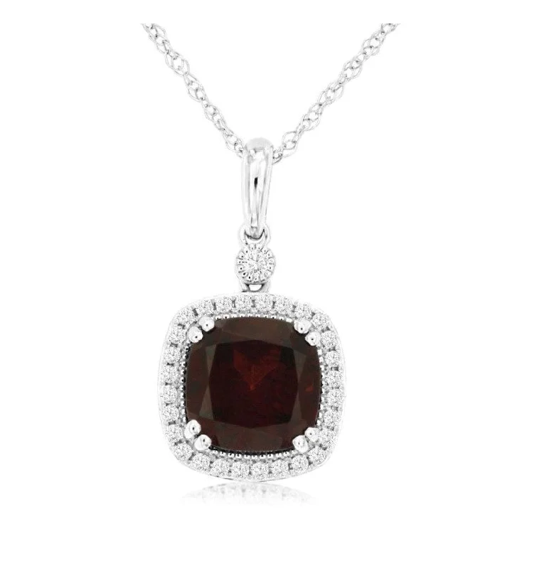 High-End Gold Necklace-14k white gold cushion garnet diamond halo necklace